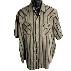 Vintage 90s Plains Western Pearl Snap Shirt 2XL Grey Stripe Short Sleeve Pockets